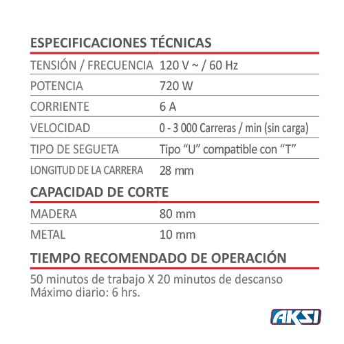 Sierra caladora AKSI 720W Línea Industrial Segueta tipo U